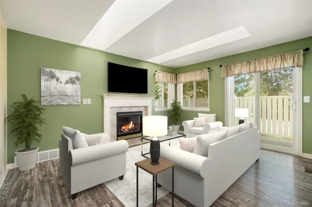 a living room with furniture a fireplace and a flat screen tv