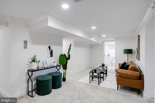 a living room with furniture and a potted plant