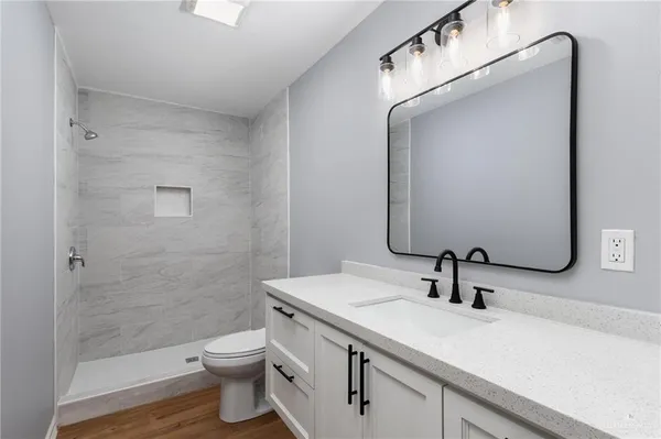 a bathroom with a sink a toilet and shower