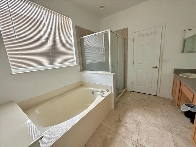 a bathroom with a tub a sink and a shower