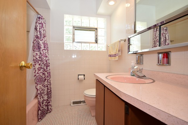 7301 West Roscoe Street Chicago, IL 60634 - Photo 11 of 22 a bathroom with a sink a toilet and shower curtain