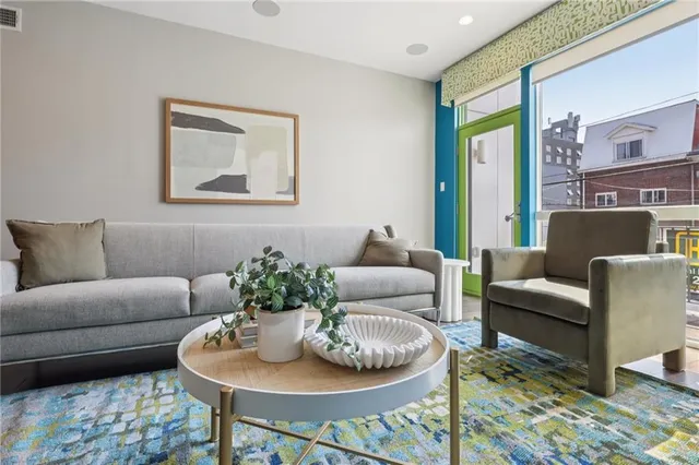 a living room with furniture and a potted plant