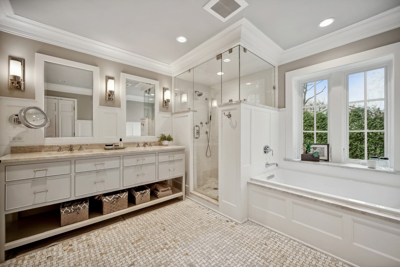 2002 Brandon Road Glenview, IL 60025 - Photo 18 of 37 a bathroom with a double vanity sink large mirror and a bathtub