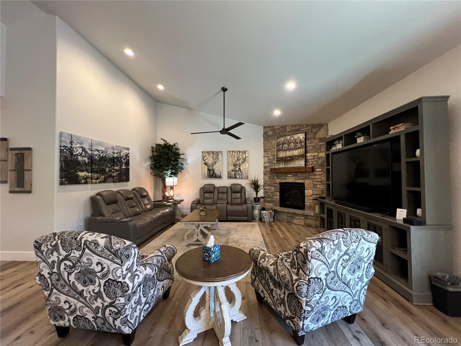 348 Duesouth Road Florissant, CO 80816 - Photo 8 of 28 a living room with furniture a flat screen tv and a fireplace