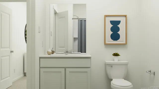a bathroom with a shower and vanity