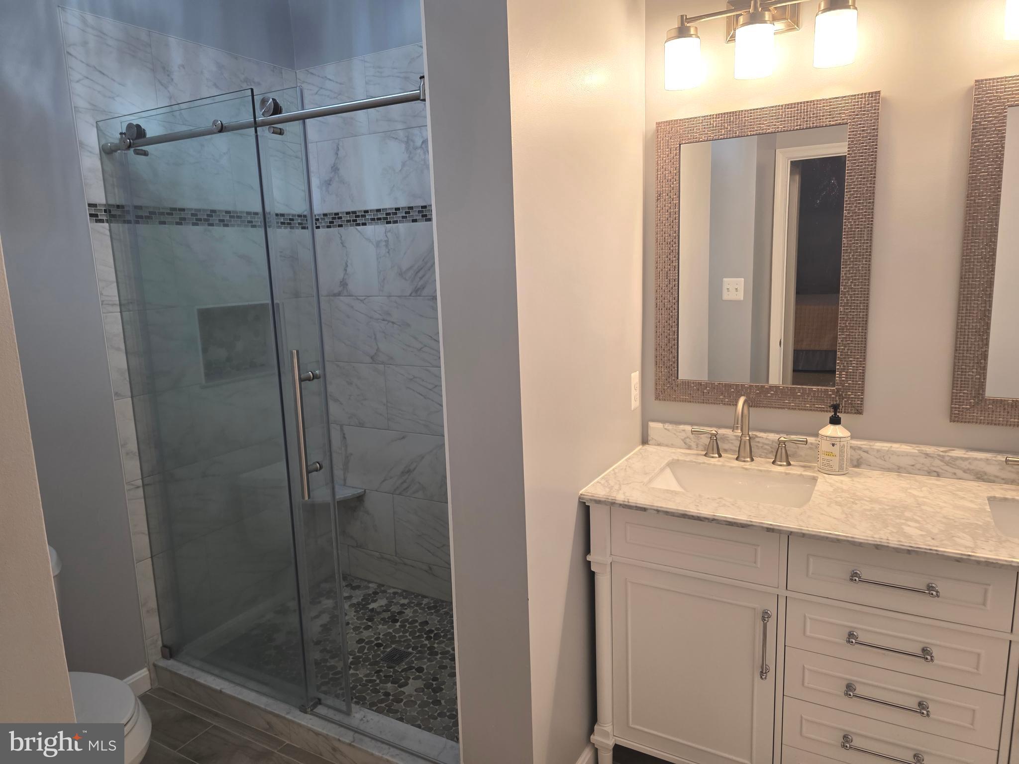 2441 Kemper Road Crofton, MD 21114 - Photo 47 of 63 a bathroom with a shower sink and mirror