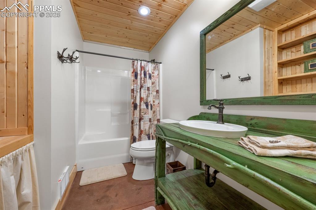 163 Wonder Trail Rye, CO 81069 - Photo 37 of 50 a bathroom with a granite countertop sink a toilet a mirror and shower