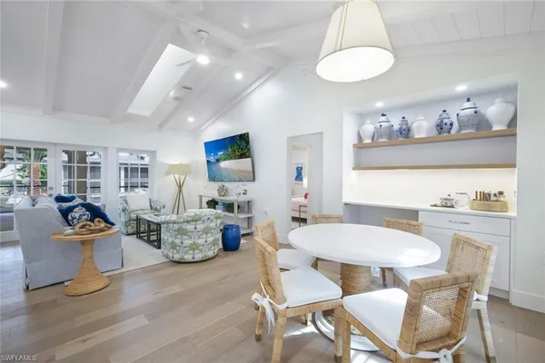 a view of a dining room with furniture