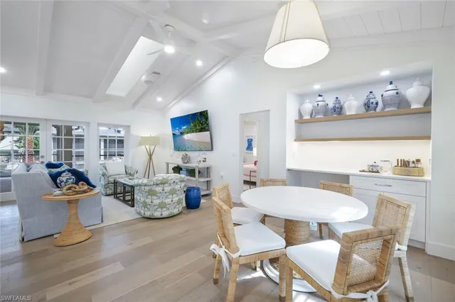 a view of a dining room with furniture