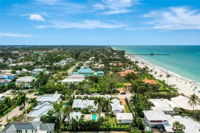 an aerial view of residential houses with outdoor space and trees