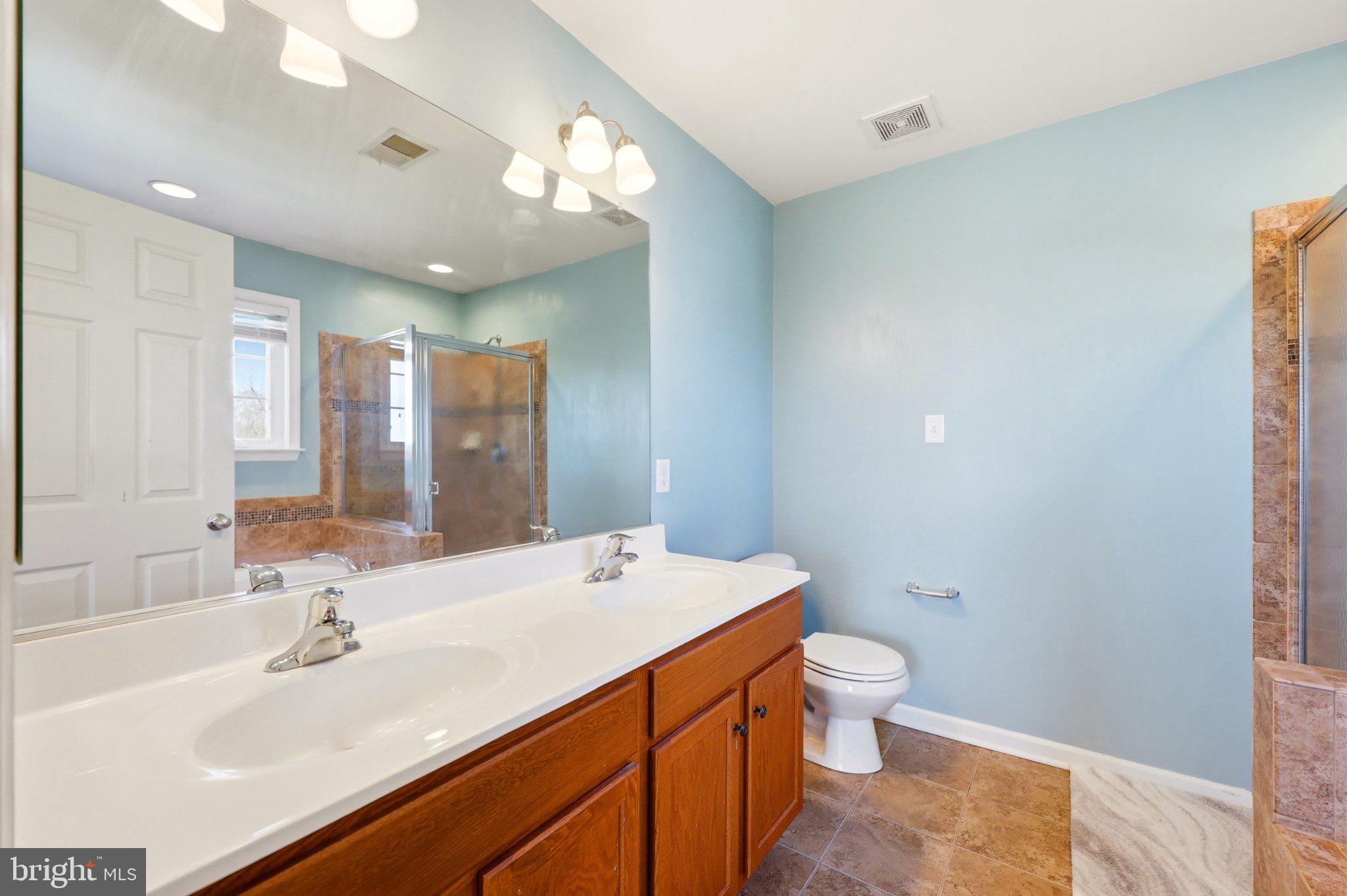 486 Calvert Circle Bunker Hill, WV 25413 - Photo 27 of 52 a bathroom with a sink a toilet a large mirror and shower
