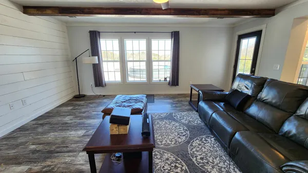 a view of a dry yard with trees