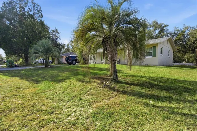 a view of a house with a yard and palm trees