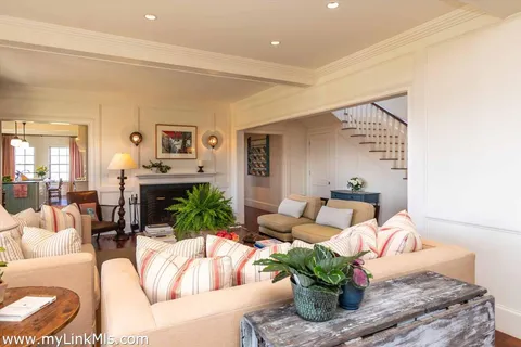 a living room with furniture a potted plant and a fireplace