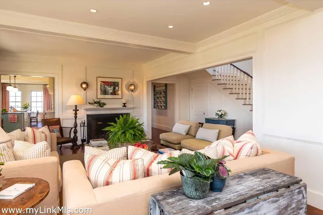 a living room with furniture a potted plant and a fireplace