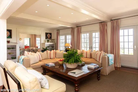 a living room with fireplace furniture and a potted plant