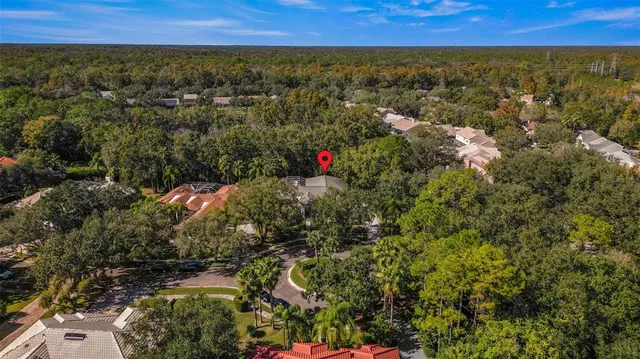 an aerial view of residential houses with outdoor space and trees
