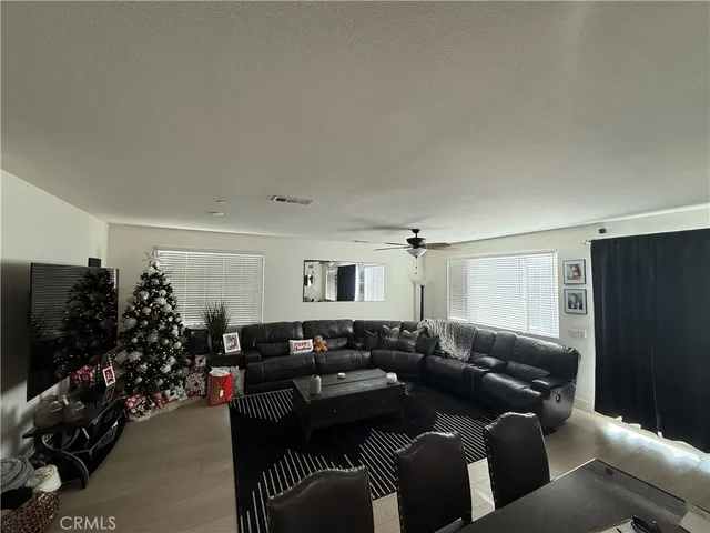 a living room with furniture a couch and a potted plant