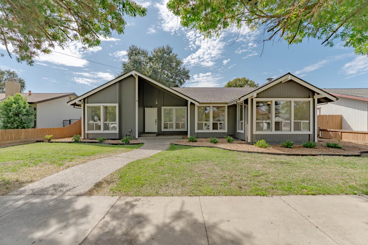 a view of a yard in front of a house with a large tree