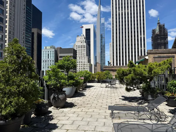 a view of a building with potted plants