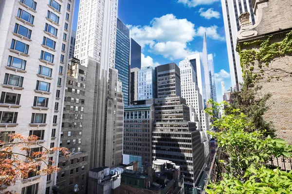 a city view with tall buildings