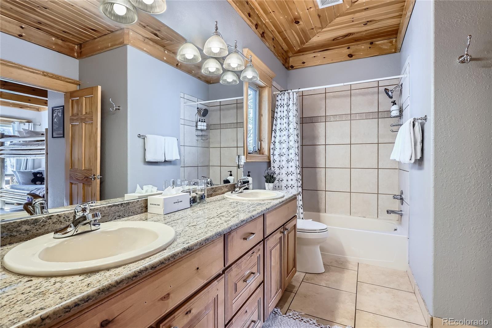 9659 South Turkey Creek Road Morrison, CO 80465 - Photo 22 of 48 a bathroom with a sink a toilet a mirror and shower