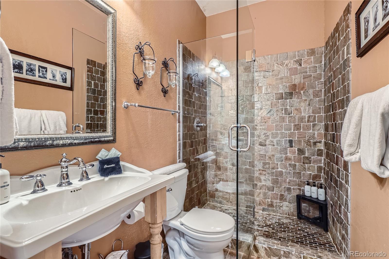 9659 South Turkey Creek Road Morrison, CO 80465 - Photo 31 of 48 a bathroom with a sink toilet and shower