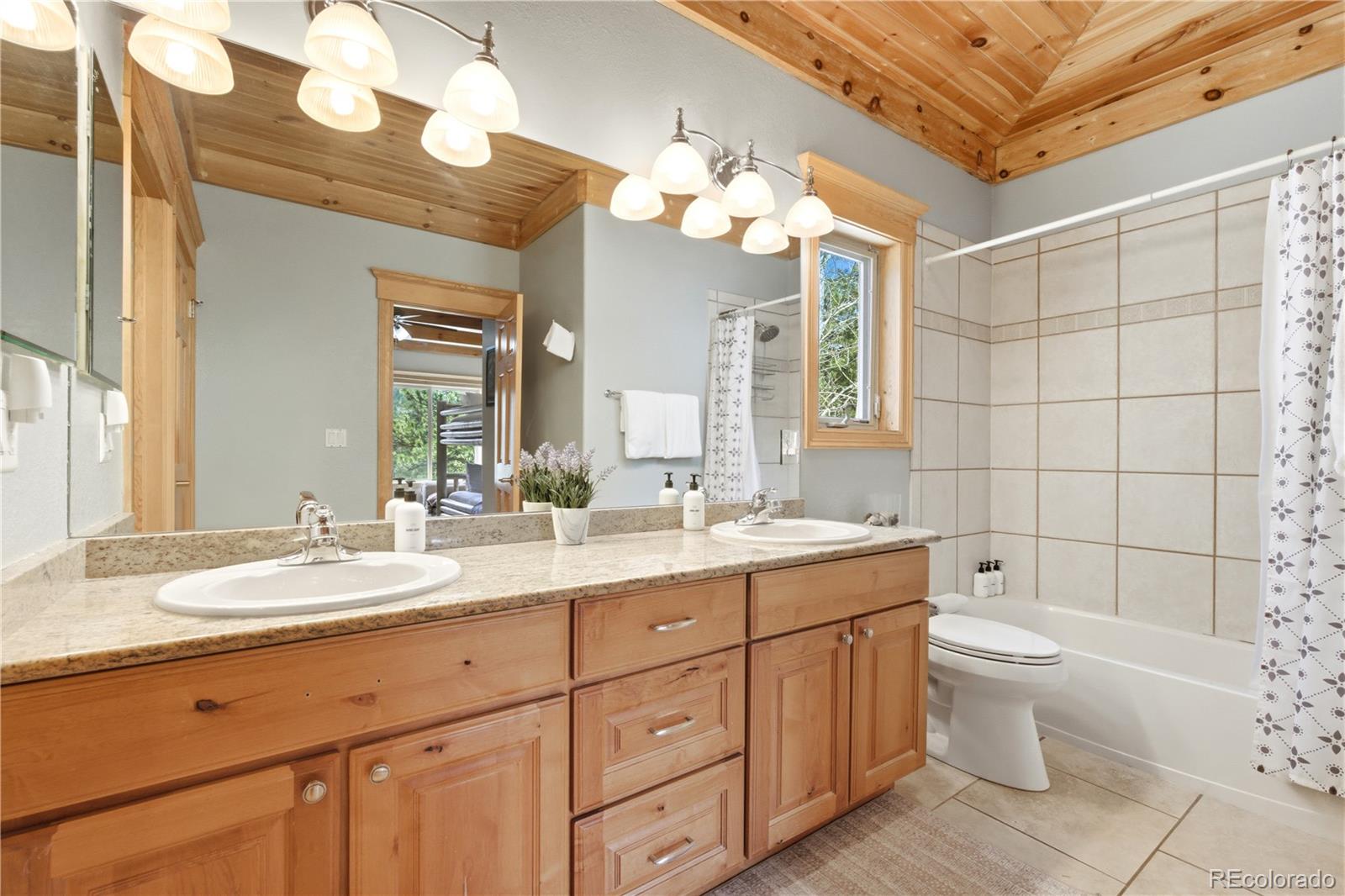 9659 South Turkey Creek Road Morrison, CO 80465 - Photo 33 of 49 a bathroom with a double vanity sink mirror and toilet