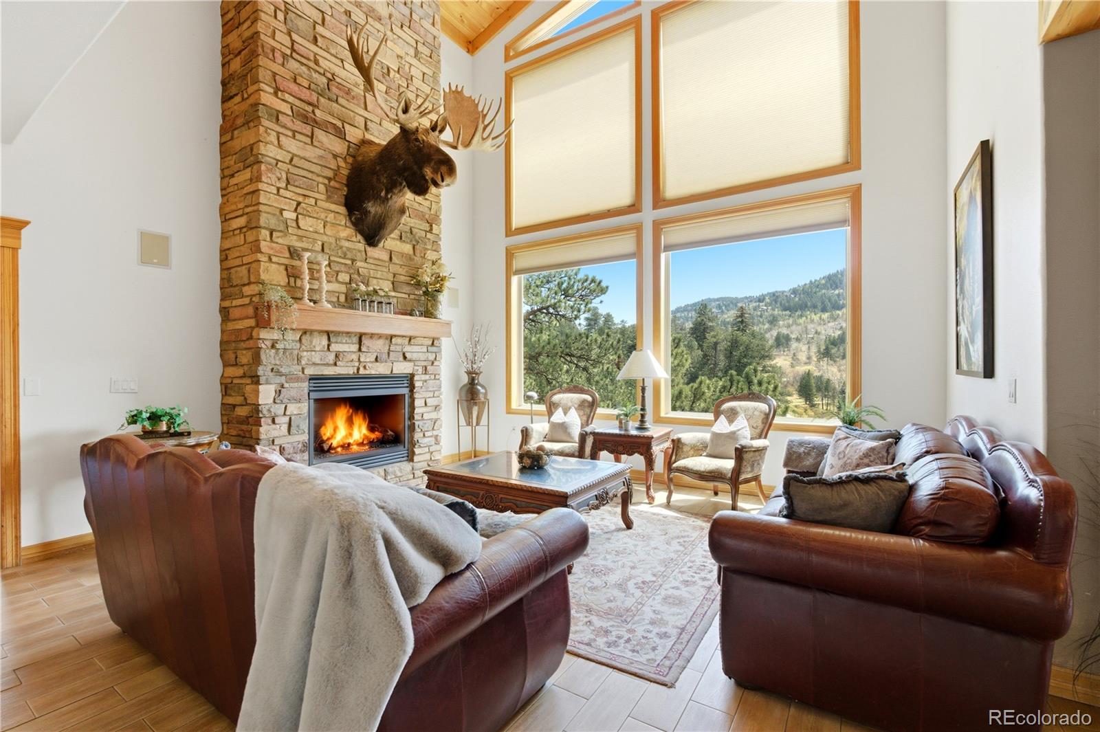9659 South Turkey Creek Road Morrison, CO 80465 - Photo 5 of 49 a living room with furniture a fireplace and a large window