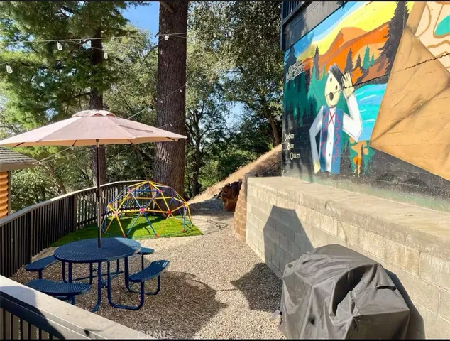 a view of backyard with swimming pool and furniture