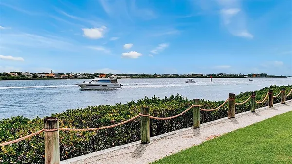 a view of a lake with a garden