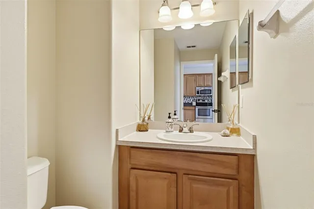 a bathroom with a sink vanity and a mirror