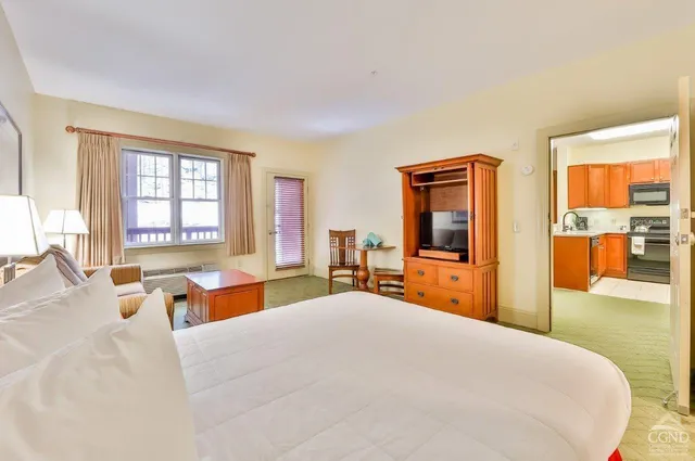 a bedroom with a large bed and two large window