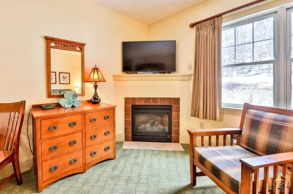 a living room with furniture a flat screen tv and a fireplace