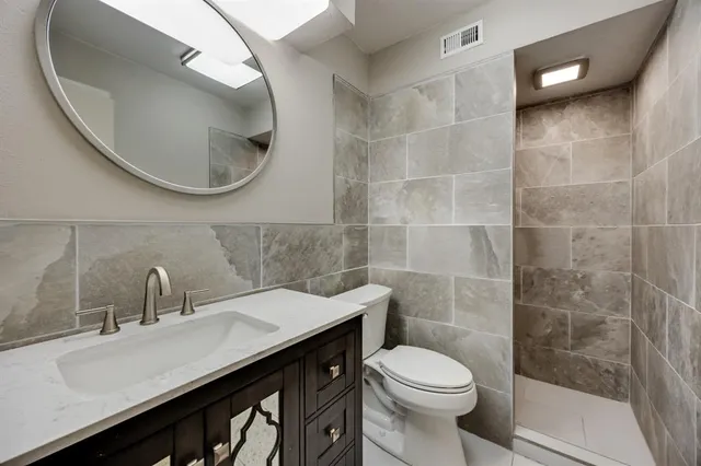 a bathroom with a sink a toilet and a mirror