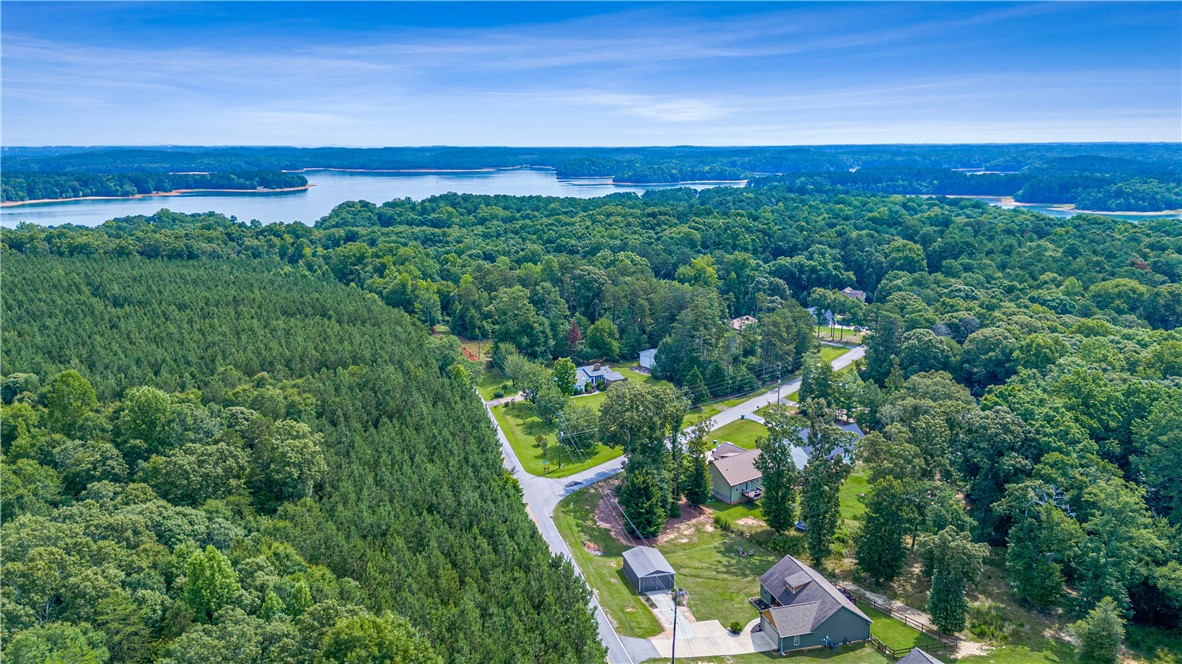842 Conneross Road Townville, SC 29689 - Photo 34 of 34 A sweeping aerial view reveals a tranquil residential enclave nestled between a dense forest and a sprawling lake.