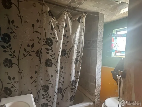 a bathroom with a shower and toilet