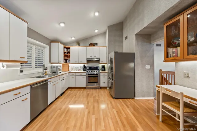a kitchen with a refrigerator a sink and cabinets
