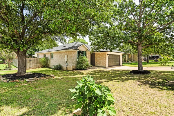 a view of a yard with a house and a large tree