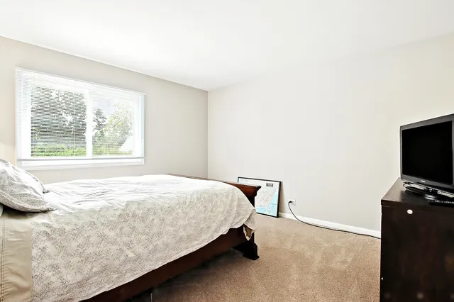 a bedroom with a bed tv and window