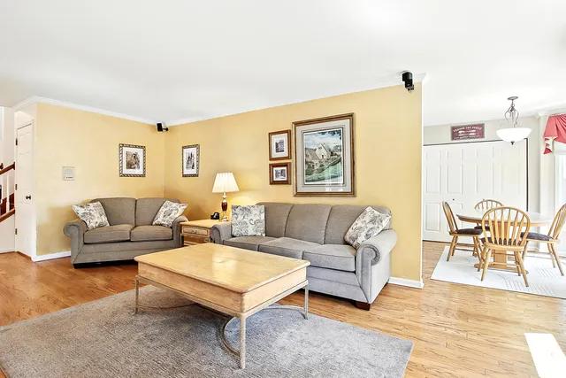 a living room with furniture a rug and a painting on the wall