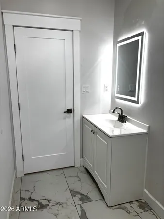 a bathroom with a sink a mirror and a shower