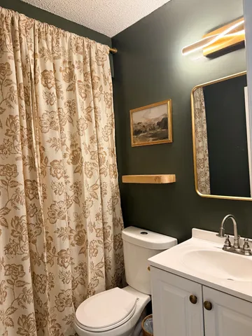 a white toilet sitting next to a shower curtain