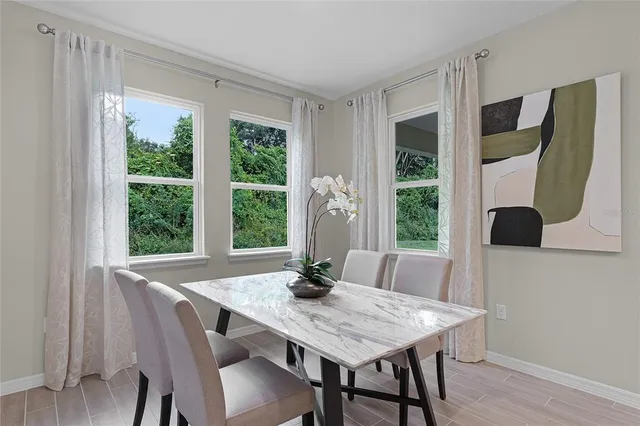 a view of a dining room with furniture window and outside view