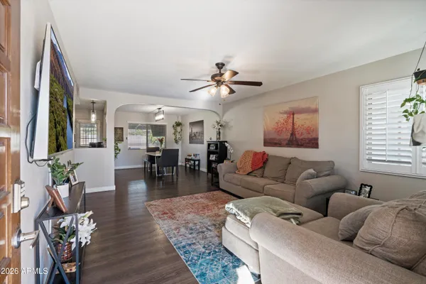 a view of a porch with seating space