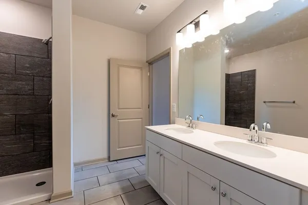 a bathroom with a double vanity sink a mirror and shower