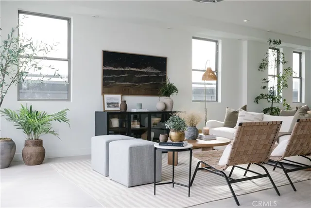 a living room with furniture and a potted plant