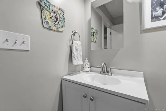 a bathroom with a sink and a mirror