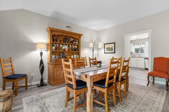 a view of a dining room with furniture