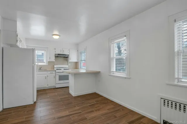 a kitchen with cabinets wooden floor and stainless steel appliances
